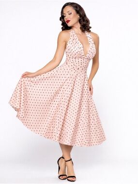 Bettie Page Pink Black Polka Dot Halter Swing Midi Dress Retro Tea Party Glam 10